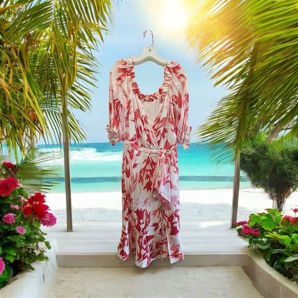 Saloni Silk Rayon Midi Dress Olivia Rainbow Coral Red White Size 8 Ruffle NWT